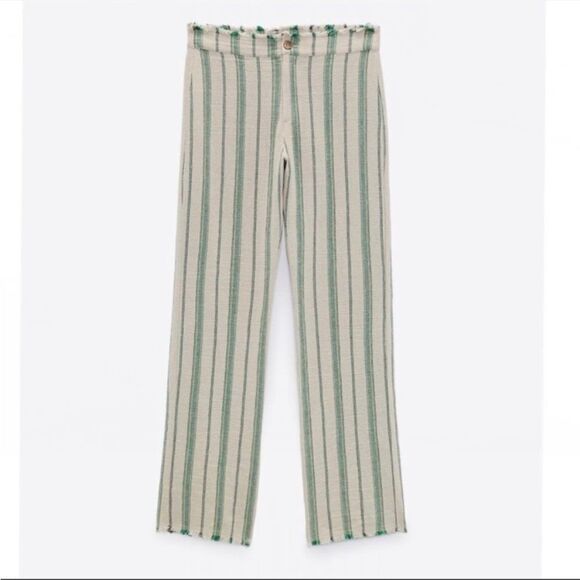 Zara Striped Rustic Trousers “The Beth Pant” Size Medium NWT Frayed Hem Straight - Picture 2 of 9